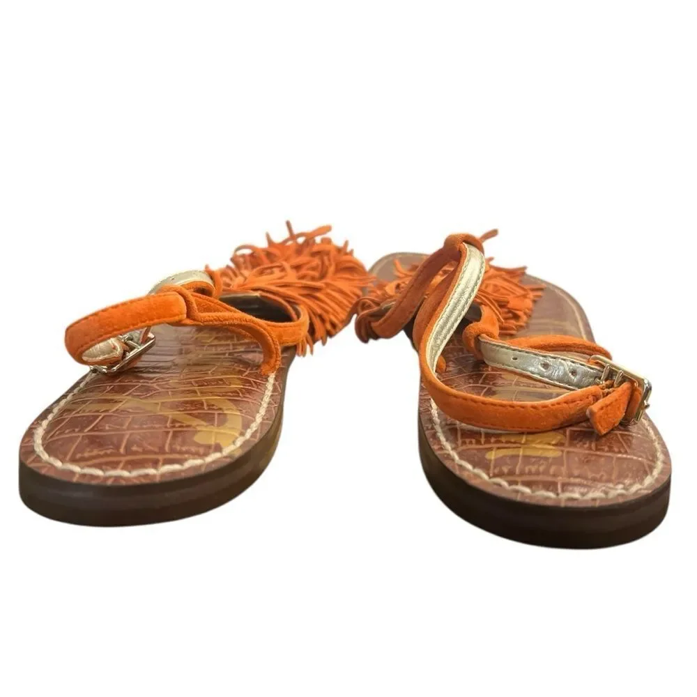 Sam Edelman Gela Fringe Sandals size 8.5M Orange Suede Flat T-Strap Boho Shoes